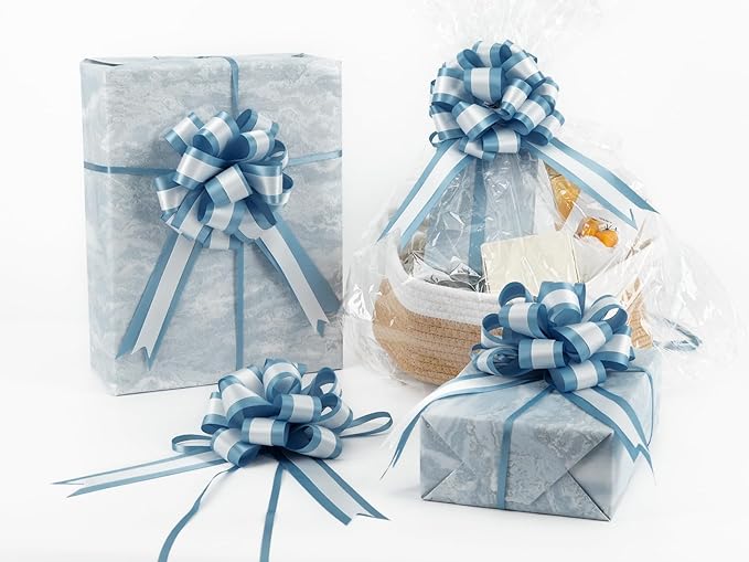 HUIHUANG Dusty Blue Pull Bows 6" x 10" Dusty Blue and White Double Layer Satin Pull Bows 12 PCS Gift Bow for Gift Wrapping Gift Basket Baby Shower Favors Wedding Party Decor
