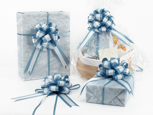 HUIHUANG Dusty Blue Pull Bows 6" x 10" Dusty Blue and White Double Layer Satin Pull Bows 12 PCS Gift Bow for Gift Wrapping Gift Basket Baby Shower Favors Wedding Party Decor