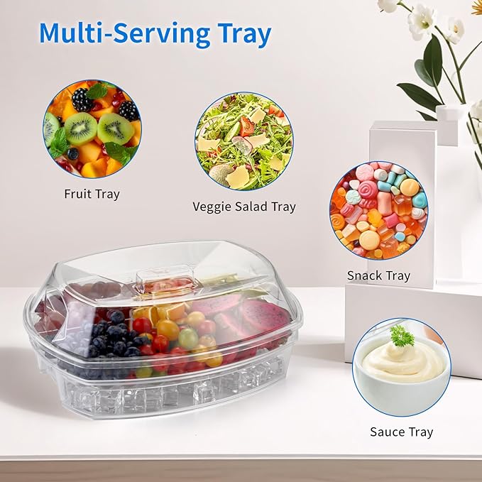 Chilled Serving Tray with Lid for Parties, 15-Inch Ice Serving Tray with Ice Underneath, 4-Compartment Fruit and Shrimp Cocktail Platter
