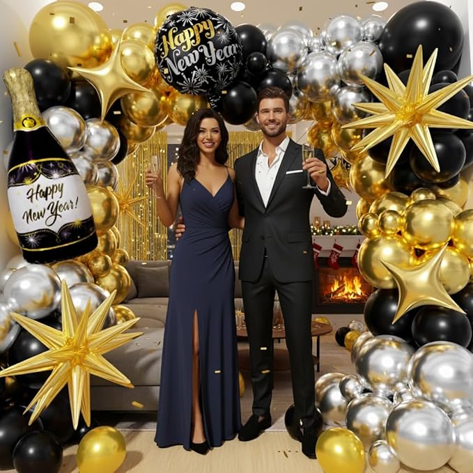 Black and Gold Silver Balloons Garland Arch Kit - Different Size Balloons Gold Fringe Curtain Backdrop for Graduation Birthday Anniversary New Years Theme Party Decorations