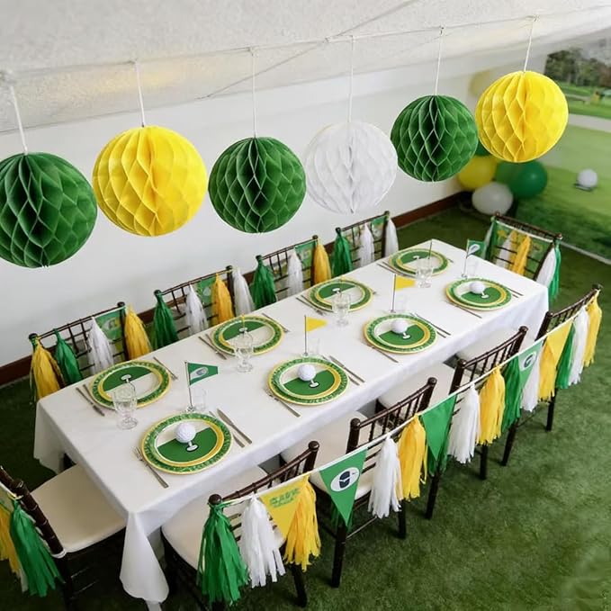 21PCS Green Yellow Party Decorations Tissue Tassel Garland Banner Hanging Paper Honeycomb Balls Streamers Backdrop for Graduation Masters Golf Birthday Wedding Baby Shower