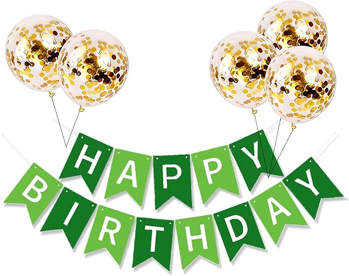 Happy Birthday Banner Sign Bunting Hanging Decorations with Shiny Gold Balloons Birthday Party Sign Decor for Party Supplies(Green)