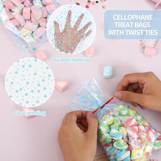 100Pcs Cellophane Treat Bags,5 X 11 Inches Blue Star Clear Cellophane Bags,for Gift Wrapping,Packaging Candies,Dessert,Bakery, Cookies, Chocolate,Party Party Decorations
