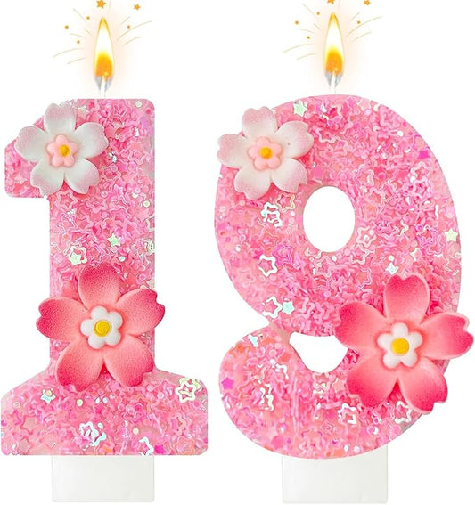 Pink Flower Birthday Candle,Number Birthday Candles for Cake, Ideal Birthday Parties Cake Decor, Wedding Anniversary and Other Celebrations (Number 19, Pink)