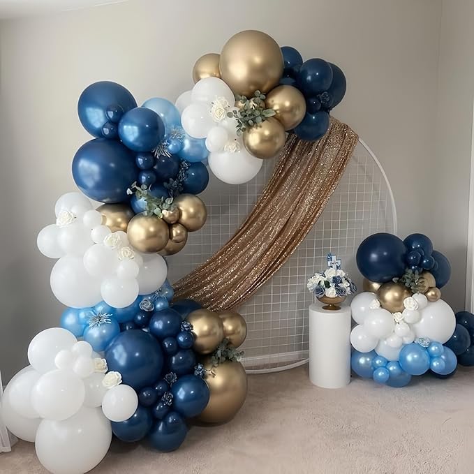 Retro Navy Blue Gold and White Balloons, 12inch Pastel Dark Light Blue White Latex Balloons with Metallic Chrome Gold Party Balloon for Boy Birthday Bridal Baby Shower Graduation Party Decorations