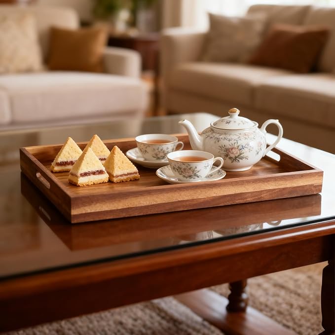 2 Pack Wood Serving Tray, 11.41 x 15.7 Inches Wooden Decorative Trays with Handles for Breakfast, Food, Drinks, Brown, Rectangle