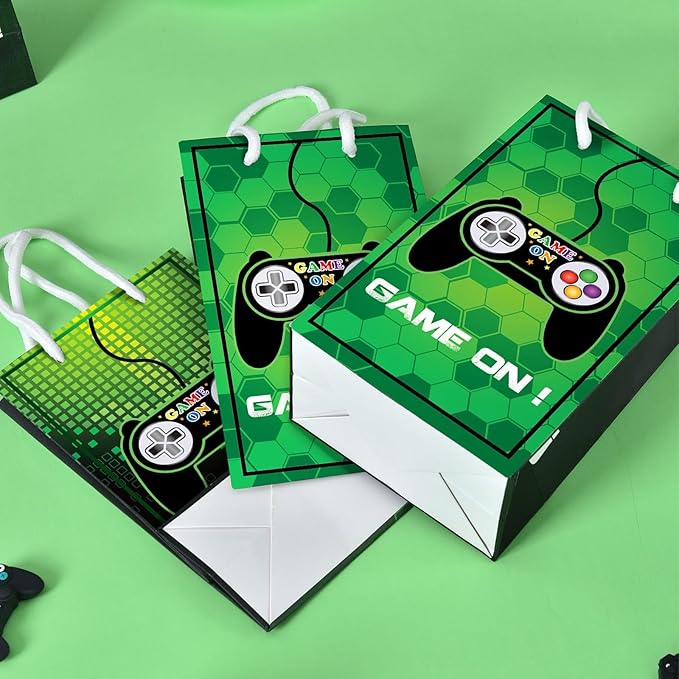 WERNNSAI Video Game Party Favor Bags - 16 Pack Gaming Birthday Party Decorations for Kids Boys Green Game Goodie Bags with Handles Game On Birthday Party Supplies for Baby Showe Anniversary