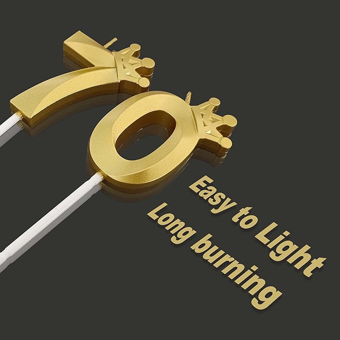 The Number 70 Gold Birthday Candles for Cake is Beautiful Number Candles for 70th Birthday Decorations for Man and Women (Gold-70, Crown)