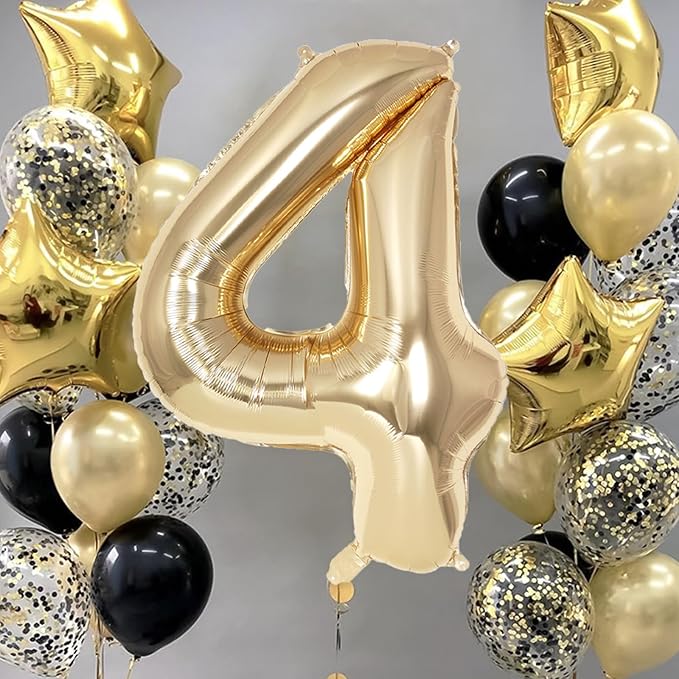 Champagne Gold Large Number 4 Balloon, 40 Inch Light Gold Foil Helium Number Balloons, Giant Mylar Number 4 Balloons for 4 Years Old Birthday Party Anniversary Decorations