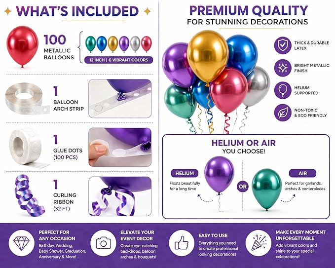Chrome Metallic Balloons 12 Inch – 100 Pack Assorted Multicolor Latex Balloons for Balloon Arch, Birthday Party, Baby Shower, Wedding Decorations with Ribbon & Glue Dots