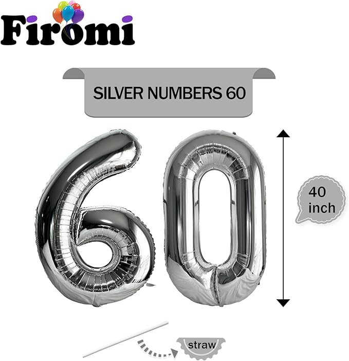 FIROMI 60 Number Balloons Silver Big Giant Jumbo Huge Foil Mylar 60 Balloon Numbers for 60th Birthday Party Anniversary Events Decorations 40-inches