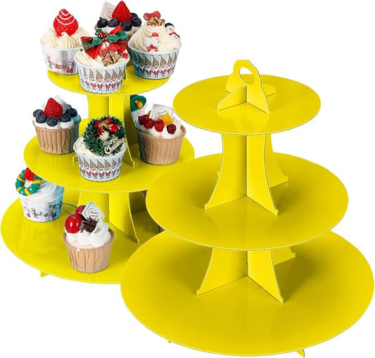 YLDW Cupcake Stand, 3-Tier Cupcake Stand Display, Cardboard Cup Cake Tower Stand, Disposable Dessert Stand for Birthday Tea Party Baby Shower Treat Decorations, Yellow