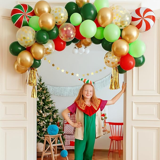 Patimate Red Green Christmas Balloons Set, 50 pcs 12 inch Metallic Gold Lime Forest Green Red Gold Confetti Latex Balloons Kit for Christmas Grinch Birthday Baby Shower Party Decorations