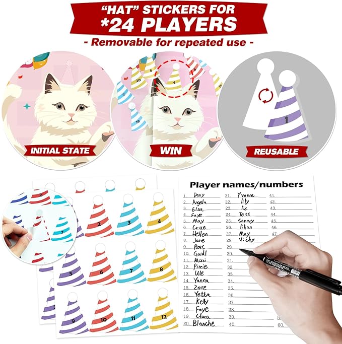 PARTYLOUD Cat Birthday Party Games, Pin The Hat on The Cat, Cat Themed Pet Party Games Toddlers Preschool Party Supplies Favors for Boys Girls Adults 24 Guests