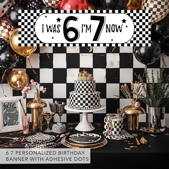 Andaz Press 13x48 Inch 6 7 Birthday Banner Decorations, I Was 6 Now I'm 7 Birthday Banner Black Checkered 67 Happy Birthday Party Banner for Boys or Girls, Home or Party Decor Backdrop Sign