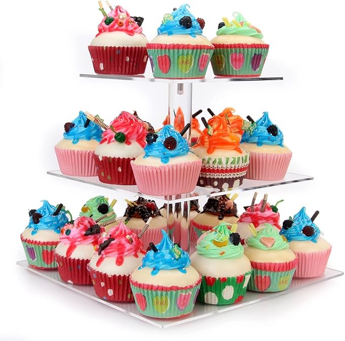 weddingwish 3 Tier Square Clear Acrylic Cupcake Stand, Clear Cupcake Display Stand Tower Tree, Tiered Cupcake Carrier Dessert Stands