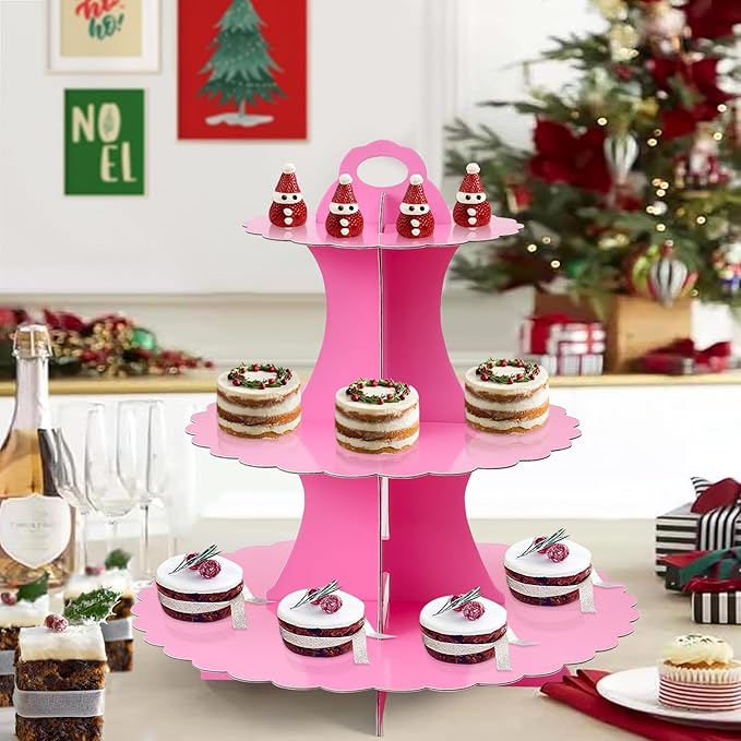Soleebee 3-Tier Cupcake Stand, Cardboard Cupcake Tower, Dessert Cup Cake Stand Tower for Birthday Wedding Party Decoration, Cupcake Tier Stand 1 Set (Hot Pink)
