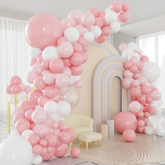 Pink and White Balloons Arch Kit, 124pcs Light Pink White Transparent Balloons with 16ft Tape Strip & Dot Glue for Birthday Baby Shower Wedding Party Decorations