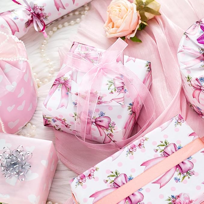 MAYPLUSS Pink Bow Wrapping Paper Roll, Girl Birthday Wrapping Paper, Reversible Girly Feminine Pink Gift Wrap with Bow Print for Baby Shower, Christmas, Valentine's Day, Mother's Day (17 In X 33 Ft)