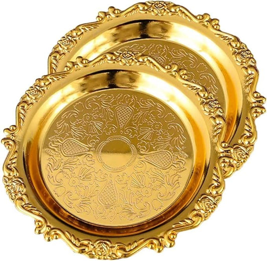 2PCS Coffee Table Tray 11.8in Round Decorative Tray Vintage Metal Dessert Plates for Snacks Fruit Gold
