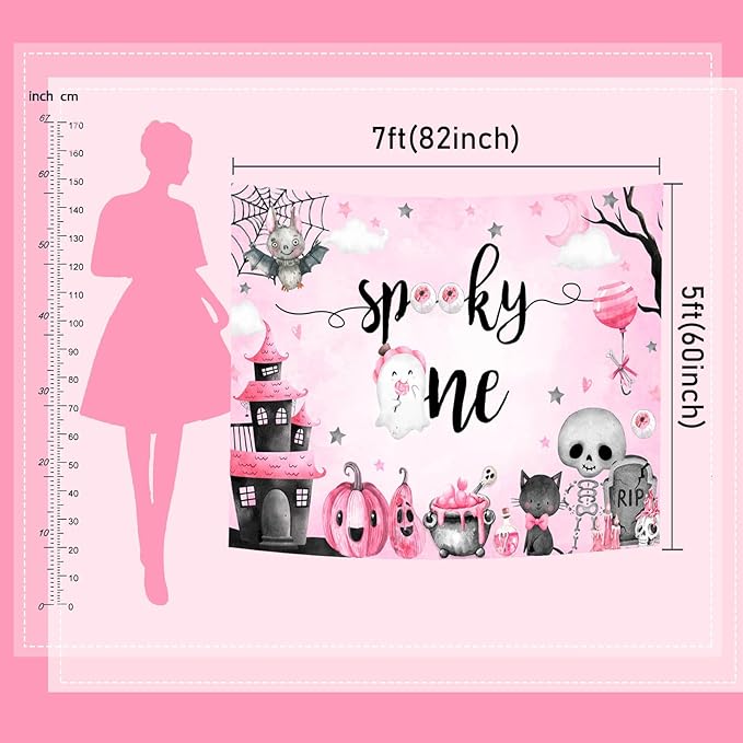 Mocsicka Halloween Spooky One Backdrop Halloween 1st Birthday Party Decoratoon Watercolor Spooky Ghost Spooktacular Birthday Banner Photo Shoot Props (Pink, 10x7ft(120''x82''))