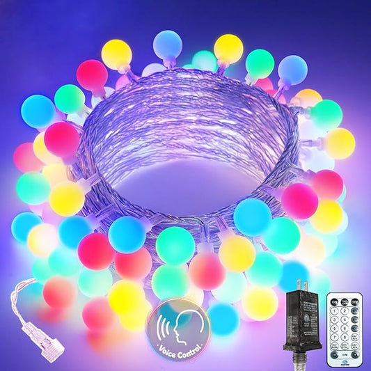 2026 New Connectable 43FT Smart Voice Controlled String Lights Indoor Outdoor | 100LED Multicolor Globe Fairy Lights with Remote, 12 Modes Waterproof Hanging Light for Bedroom Classroom Decorations