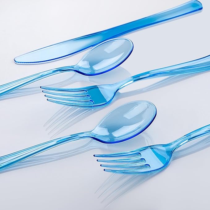 WDF 180 Pieces Blue Plastic Silverware Disposable - Clear Blue Cutlery Sets 60 Forks, 60 Knives and 60 Spoons - Heavy Duty Utensils for Party, Wedding, Graduation