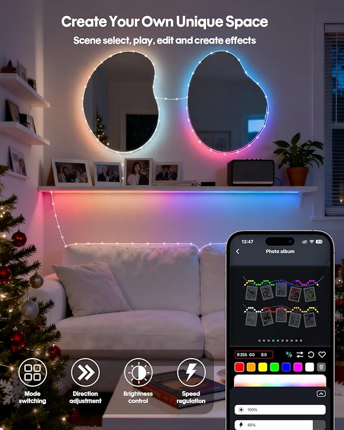 Super RGB Smart Fairy String Lights, 33Ft Usb DIY Twinkle Lights w/Remote & App Controlled, music sync,12 Modes, Multicolor & Warm White for Bedroom, Christmas, Parties,Wedding,Centerpiece, Decoration