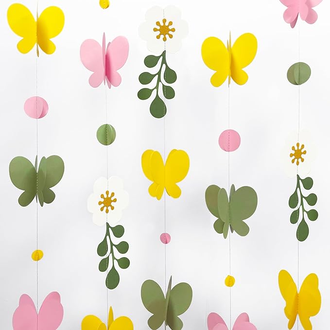 Spring Decorations Flowers 3D Butterflies Dots Garland Green Pink Yellow Hanging Paper Streamer for Spring Birthday Baby Shower Mother's Day Wedding Bridal Shower Tea Party Decorations Supplies