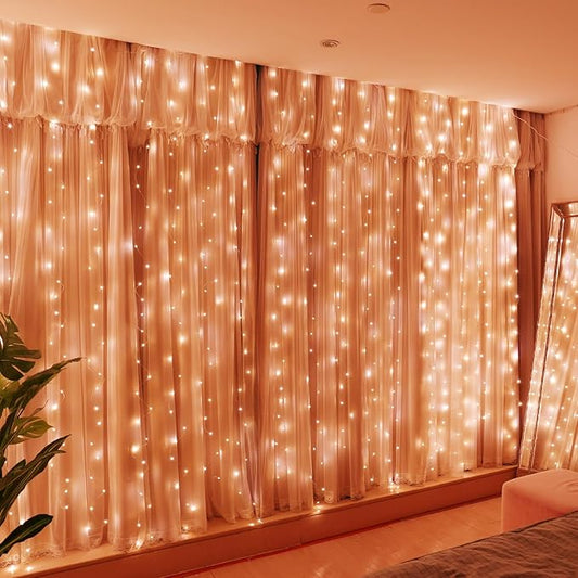HXWEIYE 300LED Fairy Curtain Lights, 9.8x9.8Ft USB Plug-in 8 Modes Christmas String Hanging Lights with Remote for Bedroom Backdrop Wedding Indoor Wall Decor, Orange, Standard – 1 Pack