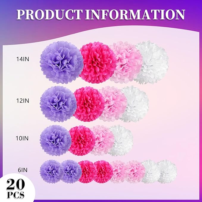 20 PCS Tissue Paper Pom Poms, Tissue Pom Poms Flowers, Sizes of 6", 10", 12", 14" Hanging Paper Flower Ball for Wedding, Birthday, Halloween, Christmas, Baby Shower Party Decor (Pink Purple White)