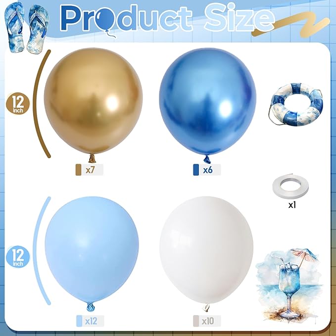 Blue and Gold Balloons, 12 Inch Pastel Baby Blue Metallic Blue Metallic Gold White Latex Balloon for Boys Men Birthday New Year Graduation Party Decor Baby Shower Anniversary Decorations Supplies