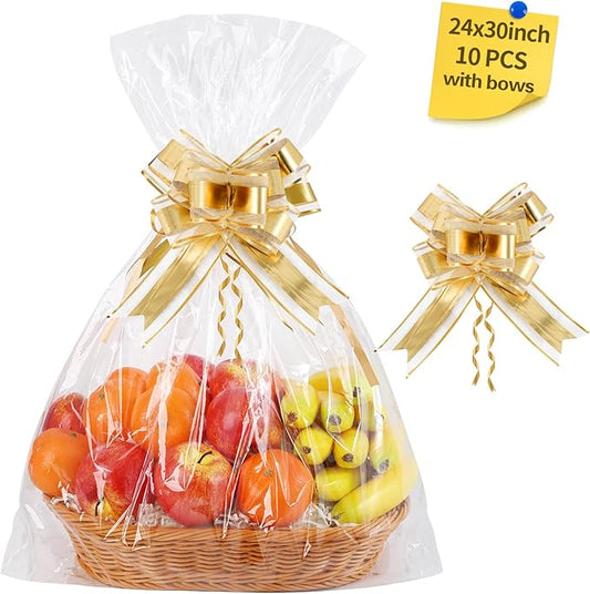 10 Pcs Large Cellophane Bags for Gift Baskets 24x30 Inches Plastic Clear Basket Bags, Cellophane Wrap for Gift Baskets With 10 Gold Ribbons for Cookie Candy Goodie