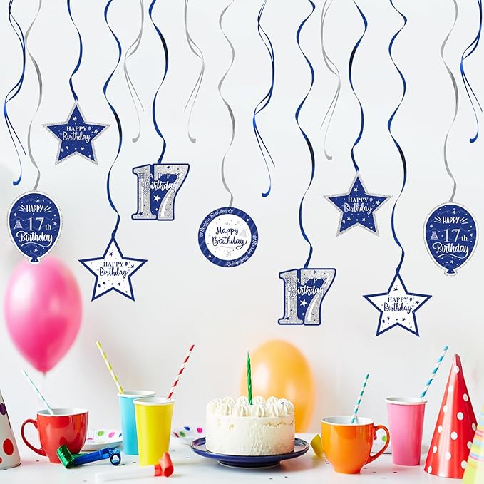Happy 17th Birthday Blue & Silver Glitter Swirls Streamers Party Decorations - 15 Pcs 17th Birthday Hanging Swirls Streamers Kit,Cheers to Seventeen Years Old Bday Party Sign.