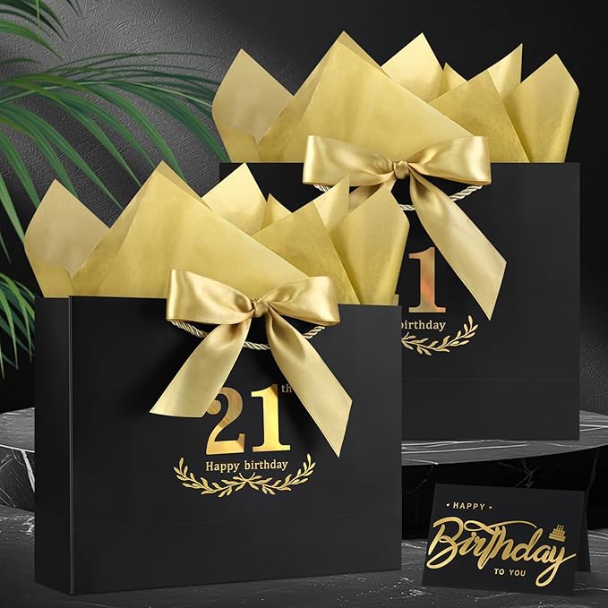 JMANNI Black Gold 21st Birthday Gift Bag with Card and Tissue Paper, 12.6"×9.84"×3.9" Elegant Present Bag for Adults, 21 Year Old Birthday Keepsake Party Supplies