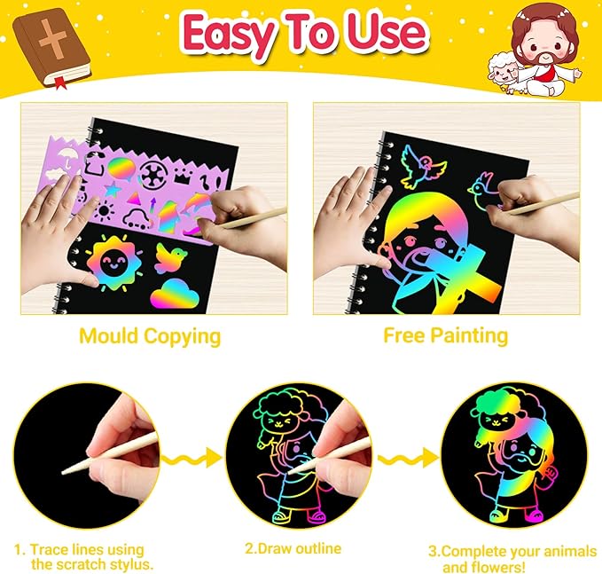 ZMLM 24 Pack Scratch Art Party Favors for Kids 4-8 – Individually Wrapped Rainbow Notebooks, Mess-Free Goodie Bag Stuffers, Non-Candy, Classroom Prizes, Travel Crafts for Boys Girls(Christian)