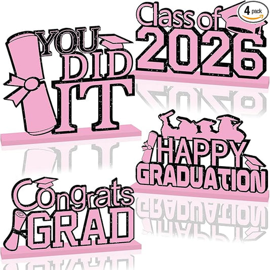 4Pcs Pink Graduation Decorations 2026, Wooden Table Centerpieces Class of 2026 Table Toppers Congrats Grad Tiered Tray Decor for Graduation Centerpieces for Table