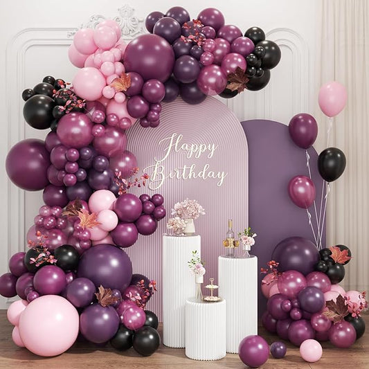 Dark Purple Black Pink Balloon Garland Arch Kit, 167Pcs Latex Balloons Wisteria Lavender Pastel Pink Pearlescent Plum for Birthday Bridal Shower New Years Party Decorations