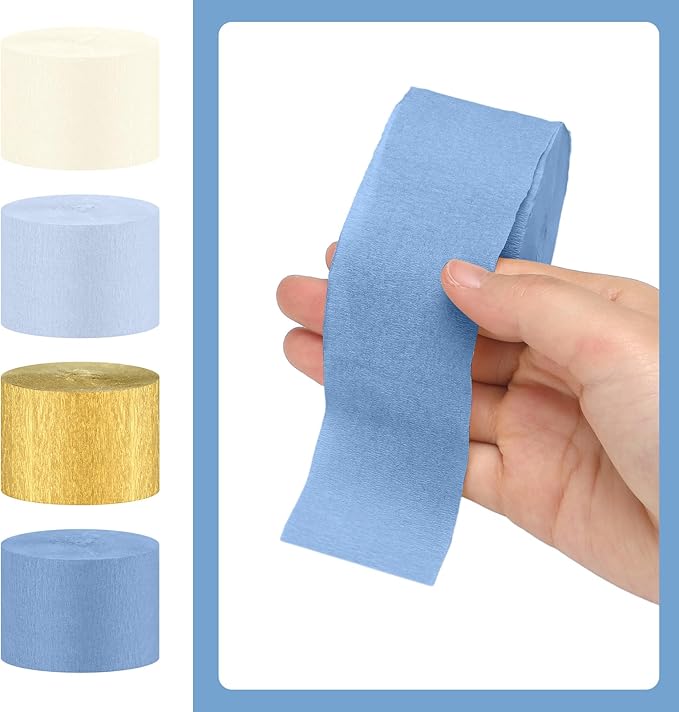 Kisston 10 Rolls Crepe Paper Streamers 820 Ft, Blue Light Blue White Gold Crepe Paper Decorations for Wedding Ceremony Birthday Party