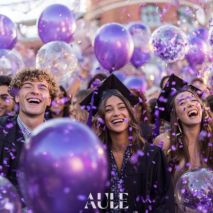 AULE Party Balloons Pack of 42 - Metallic Balloons & Confetti Balloons and 64ft Ribbons - 12 Inch Purple Balloons Decorations Set