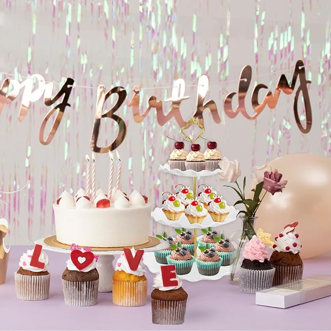 5 Pcs Dessert Table Display Set, White Plastic 2 Pcs Round 3 Tier Cupcake Stand Cup Cake Tower Stand with Metal Rod & 3 Pcs Serving Tray for Baby Shower, Tea Party, Wedding, Birthday Party