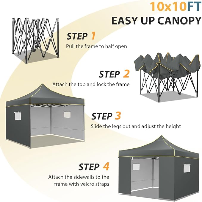 COBIZI 10x10 Pop Up Heavy Duty Canopy Tent with 4 Sidewalls, Easy Setup Outdoor Commercial Instant Tent for Parties Events Canopy with Portable Bag, Waterproof & UPF50+ (Gray)