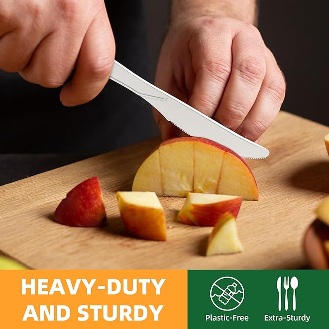 100% Compostable Knives, 7.7" Large Disposable Cornstarch Cutlery Heavy Duty Eco-Friendly Utensils Durable and BPI-Certified Party Supplies No Plastic-150pcs Knives