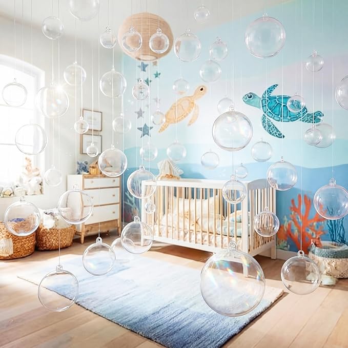 30 Pcs Transparent 3D Bubble Party Decorations Clear Plastic Ornament Balls 5 Sizes Mermaid Ocean Bubble Garland Hanging DIY Ceiling Wall Decor for Birthday Baby Shower Wedding