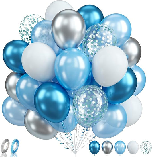 Biapian Blue White Balloons Set, 60PCS Blue Silver Birthday Balloons, 12Inch Blue and White Latex Balloon Metallic Silver Blue Helium Balloon for Boys Birthday Baby Shower Wedding Party Decoration