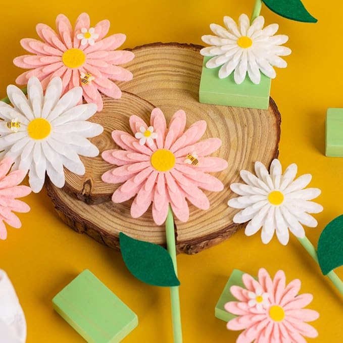 SUNBEAUTY 8PCS Daisy Felt Centerpieces for Tables Pink White Flower Birthday Party Daisy Birthday Decorations Spring Floral Table Centerpieces for Girl Birthday Baby Shower Garden Easter Party