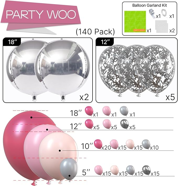 PartyWoo Pink Balloon Arch Kit Garland 142pcs Different Sizes of 18 12 10 5 Inch Magenta Fuchsia Light Baby Pastel Pale Pink Peach Gray Silver Balloons for Baby Shower Birthday Party Decorations