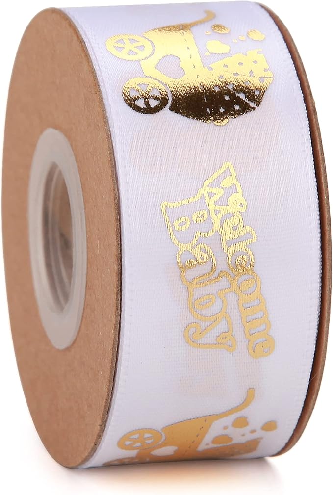 Meseey 20 Yards Welcome Baby Ribbon White and Gold Foot Print Ribbons for Crafts Cake Baby Shower Birthday,Gift Wrapping, Party Decoration (1"+3/8", White-wb)