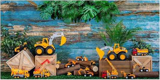 Kate 20x10ft Engineering Vehicle Toy Car Decoration Background Photo Studio Blue Weathered Wooden Spring Green Plants Photographic Backdrops Children Boy Birthday Party Props Backdrop