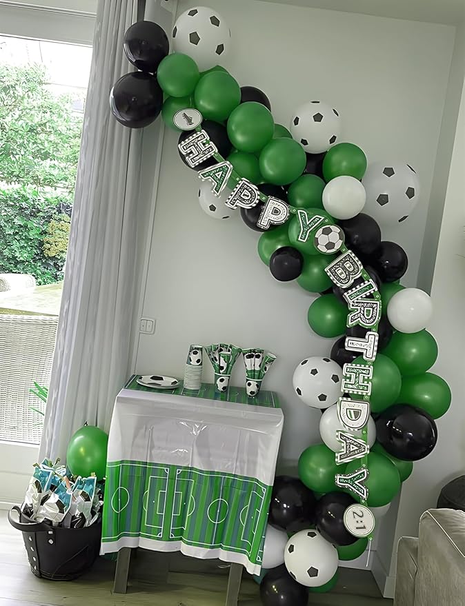Soccer Balloons, 50 Pcs 12 Inch Green Black Soccer Print Latex Balloons for Boys Kids Soccer Birthday Party Decorations, Sports Theme Party Supplies
